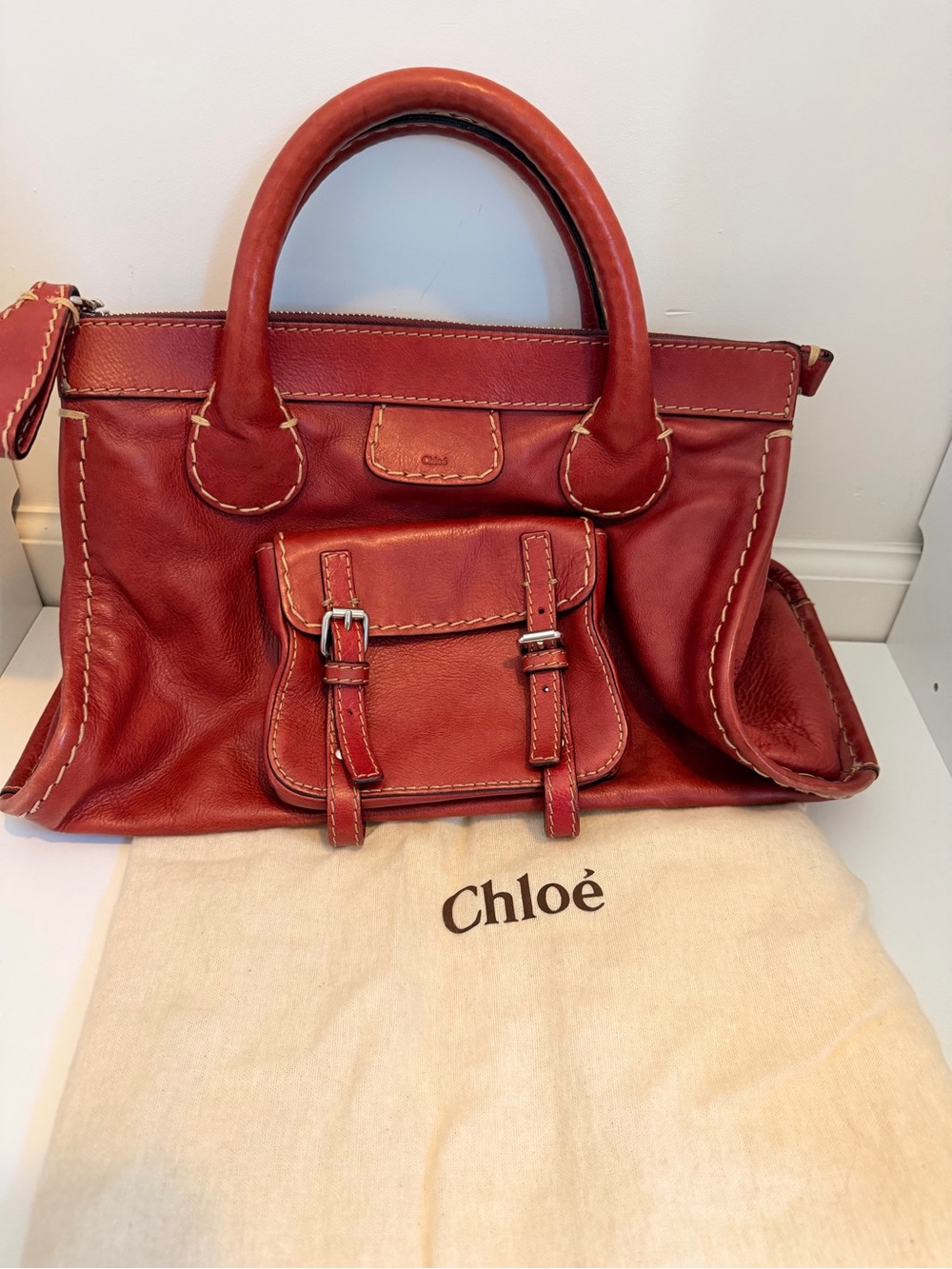 Chloé Red Leather Satchel with Front Buckle Pocket
